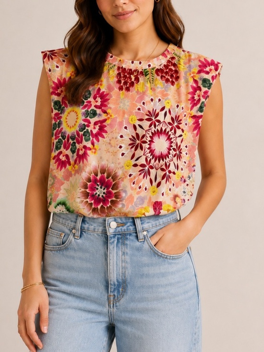 Momonì Multicolor Vibrant Floral Sleeveless Blouse Boho European Chic Top